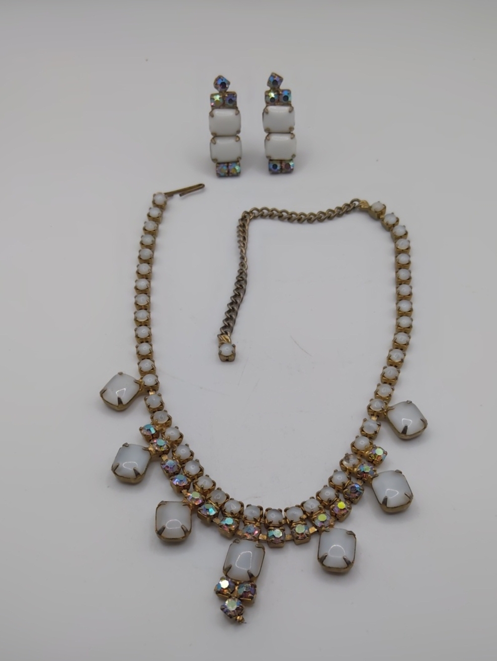 Vintage White Cabochon and Ab Rhinestone Choker and Earring Set